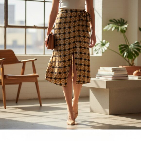 Babaton Dresses & Skirts - Aritzia Babaton Jupe Mi-Longue Taille 0 Motifs Géométriques Jaune/Gris